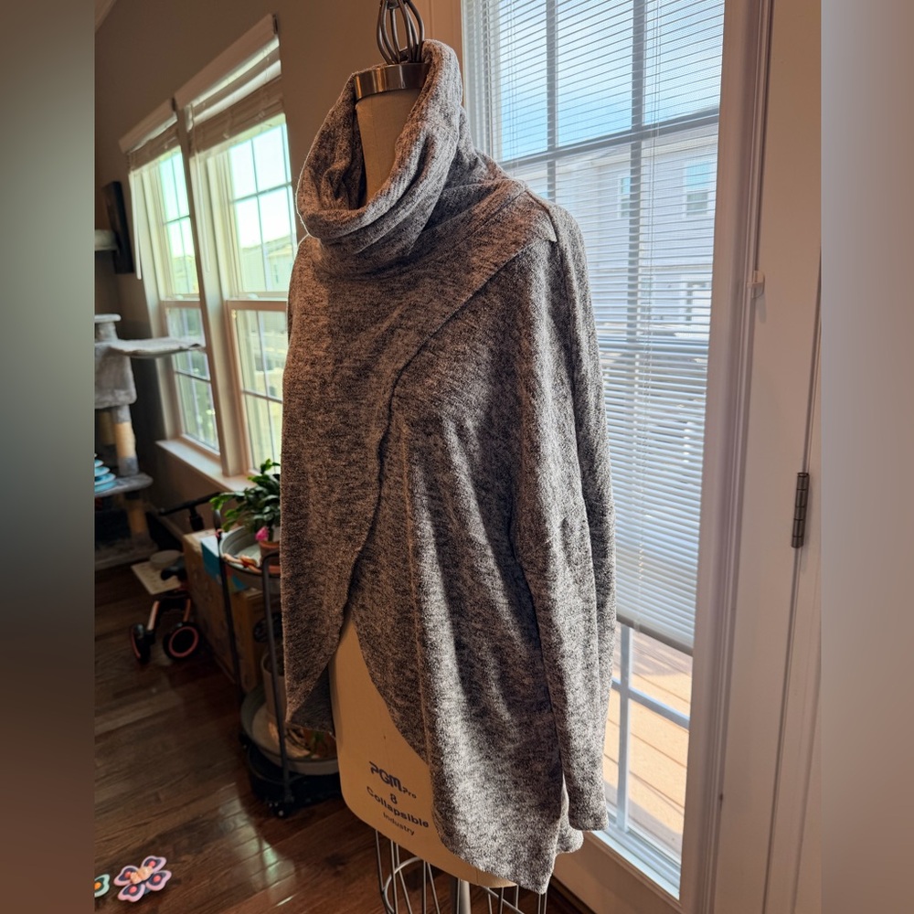 Gray Cowl Neck Wrap Sweater Soft Cozy Asymmetrical Hem Small - Picture 5 of 9